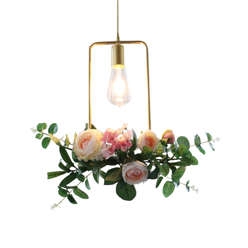 Metal Gold Ceiling Pendant Artificial Flower 1 Head Industrial Hanging Light Fixture with Triangle/Square/Linear Frame