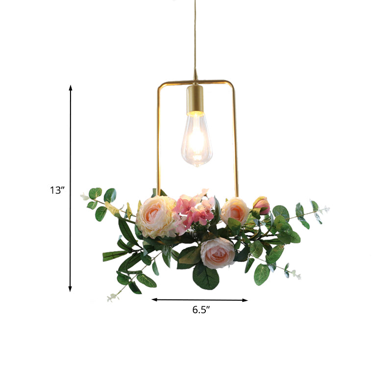 Metal Gold Ceiling Pendant Artificial Flower 1 Head Industrial Hanging Light Fixture with Triangle/Square/Linear Frame