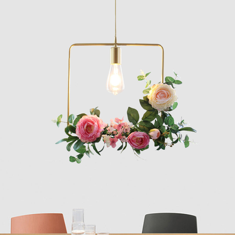 Metal Gold Ceiling Pendant Artificial Flower 1 Head Industrial Hanging Light Fixture with Triangle/Square/Linear Frame