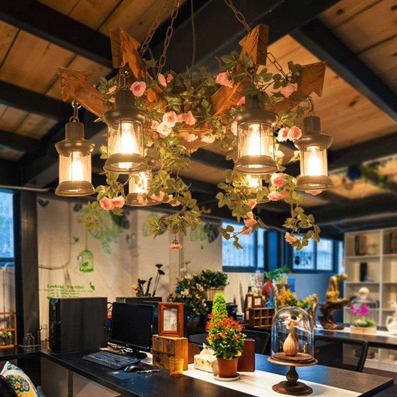 Pink/Green 6 Heads Wood Arrow Chandelier Light Fixture Antiqued Flower/Plant Pendant Lamp with Kerosene Clear Glass Shade