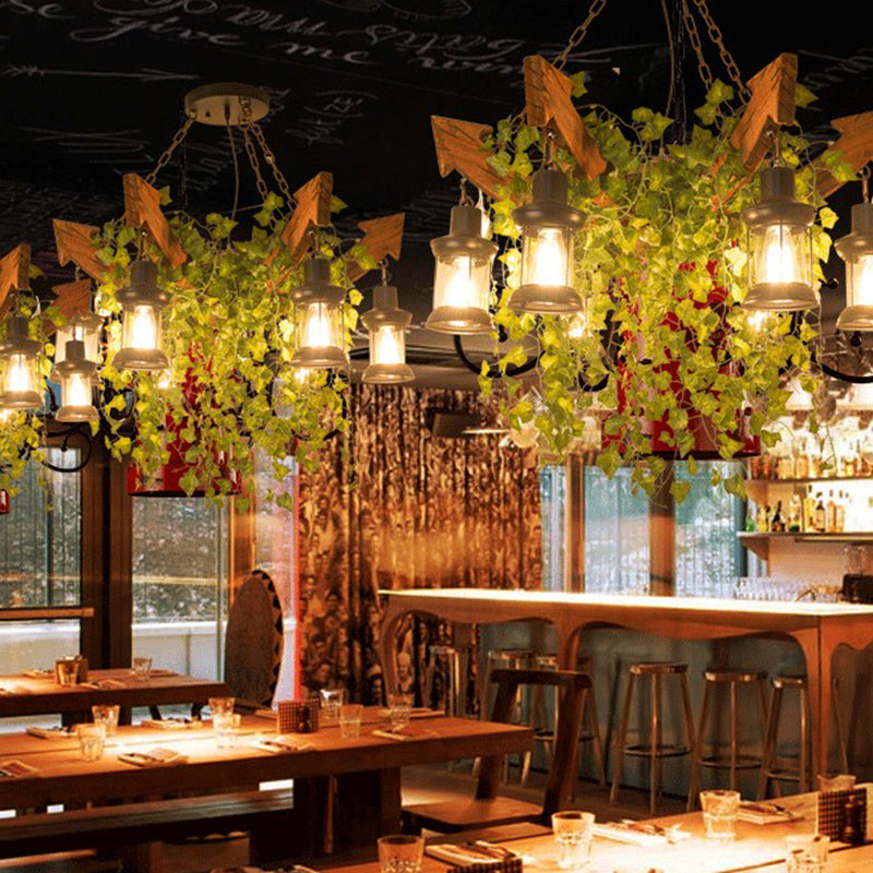 Pink / Green 6 têtes Flèche en bois lustre luminaire luminaire fleur / pendante végétale avec une teinte en verre transparent kérosène