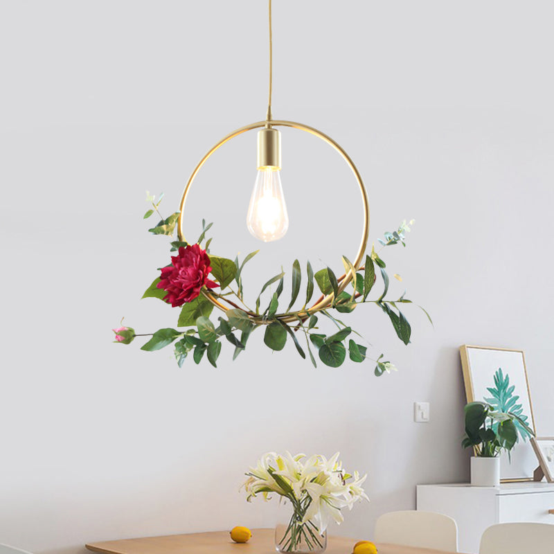 Gold 1 Bulb Drop Pendant Farm Iron Triangle/Square/Rectangle Frame Suspension Lighting with Fake Rose