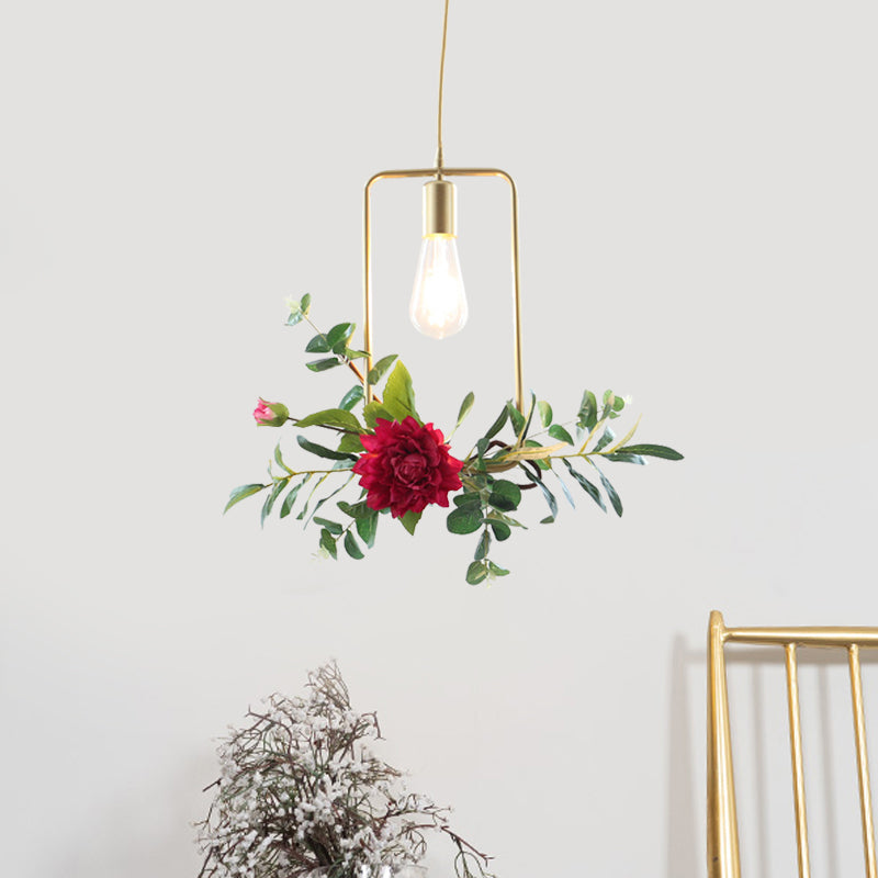 Gold 1 Bulb Drop Pendant Farm Iron Triangle/Square/Rectangle Frame Suspension Lighting with Fake Rose