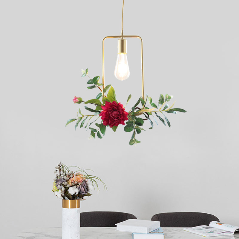 Gold 1 Bulb Drop Pendant Farm Iron Triangle/Square/Rectangle Frame Suspension Lighting with Fake Rose