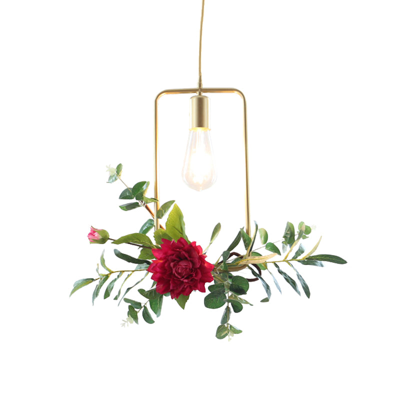 Gold 1 Bulb Drop Pendant Farm Iron Triangle/Square/Rectangle Frame Suspension Lighting with Fake Rose