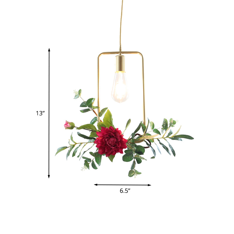 Gold 1 Bulb Drop Pendant Farm Iron Triangle/Square/Rectangle Frame Suspension Lighting with Fake Rose