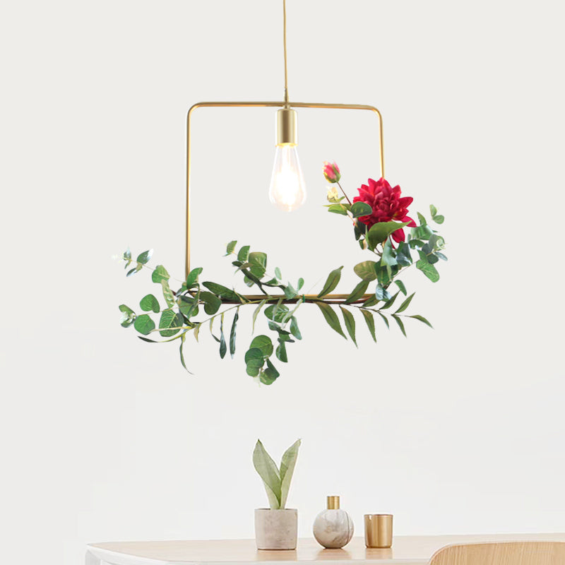 Gold 1 Bulb Drop Pendant Farm Iron Triangle/Square/Rectangle Frame Suspension Lighting with Fake Rose