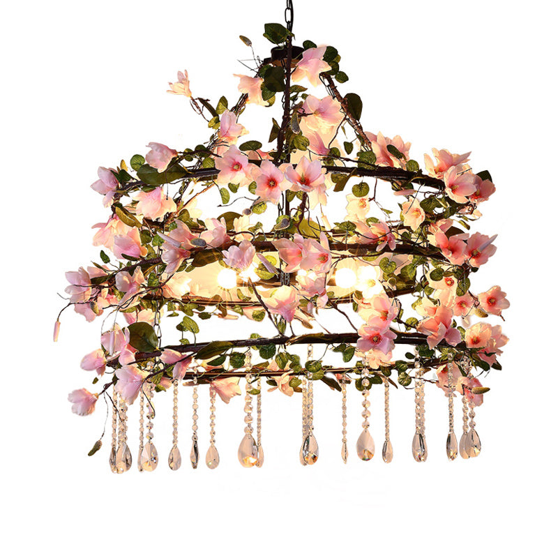 Luminaire de lustre rose de fer 3 Tiers fleur 6 têtes Style de la ferme Pendentif suspendu avec accent en cristal