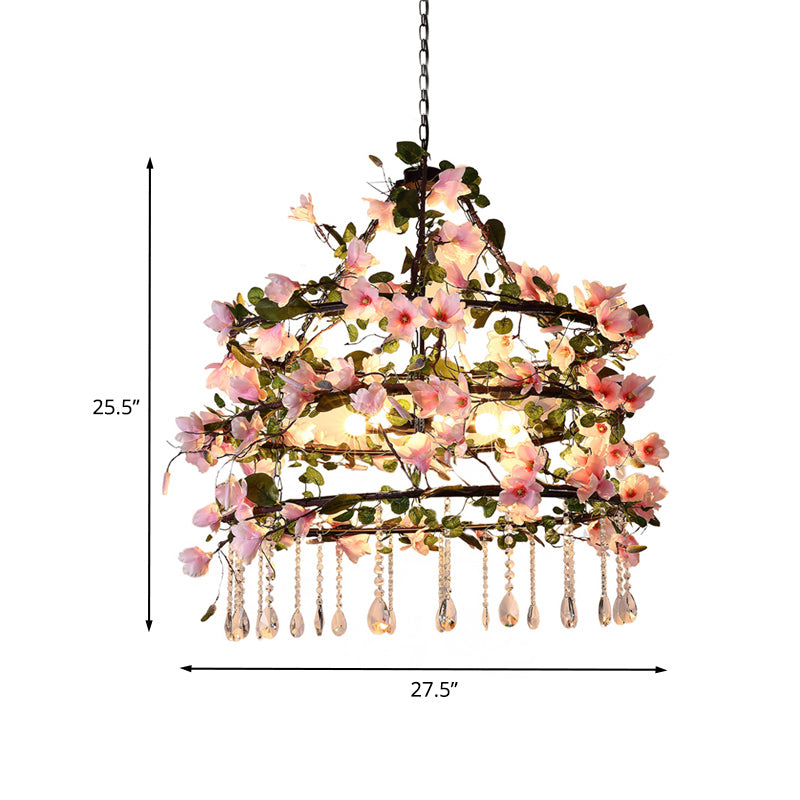 Luminaire de lustre rose de fer 3 Tiers fleur 6 têtes Style de la ferme Pendentif suspendu avec accent en cristal