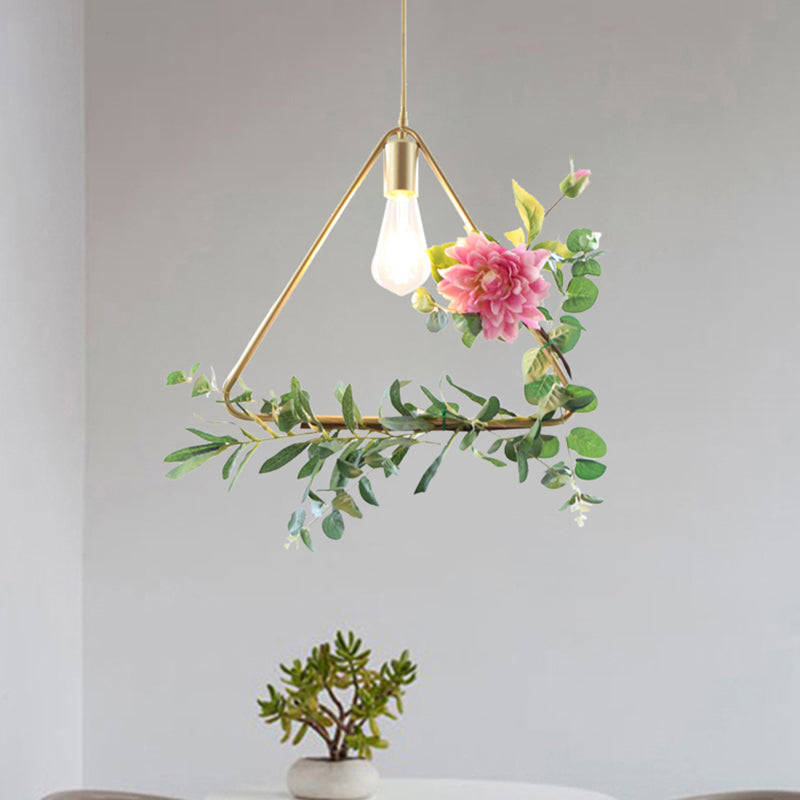 1-Light Metallic Hanging Pendant Loft Style Champagne Triangle/Round/Square Living Room Ceiling Light with Artificial Flower Deco