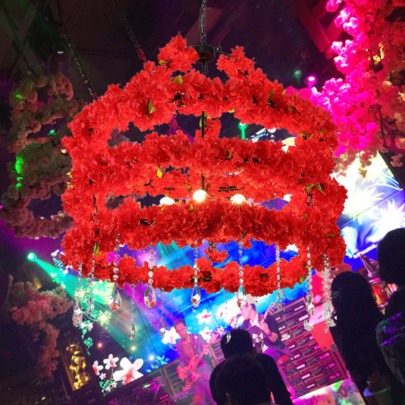 Entrepôt à 3 couches de lustre à fleurs Éclairage 6 lumières Loft Restaurant Pendant Light Kit en rouge avec gouttes en cristal