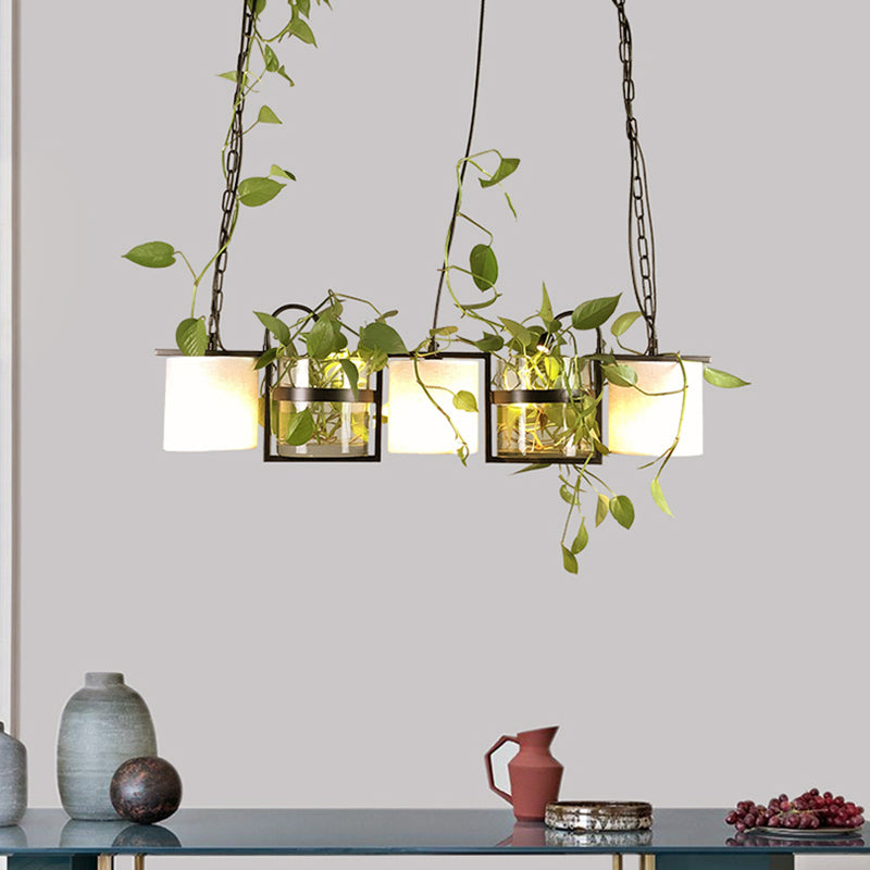 Stoffen drum eiland plafondlicht vintage 5 lichten eetkamer hangende lampkit in zwart met heldere glazen plantenbak