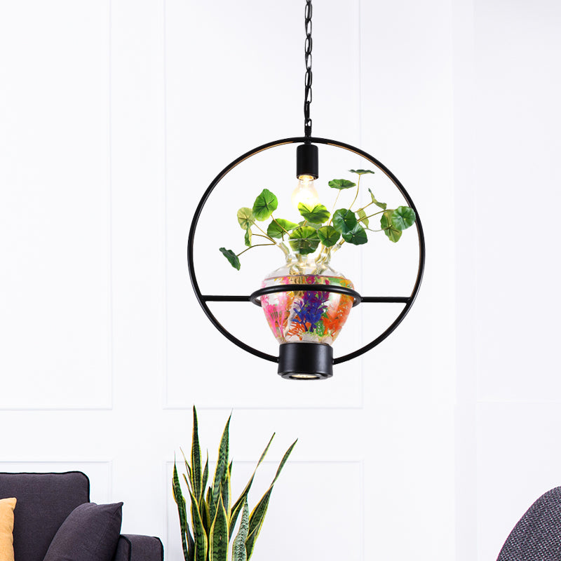 Black Round/Square Frame Hanging Lamp Factory Metallic 1 Head Dining Room Pendant Lighting Fixture with Urn Plant Pot