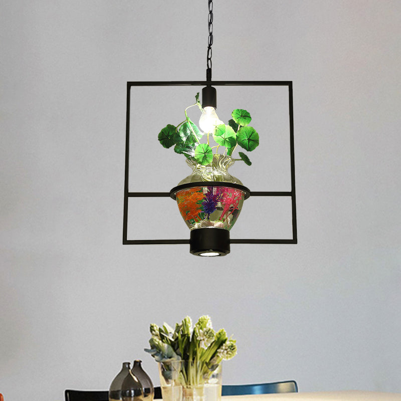 Black Round/Square Frame Hanging Lamp Factory Metallic 1 Head Dining Room Pendant Lighting Fixture with Urn Plant Pot