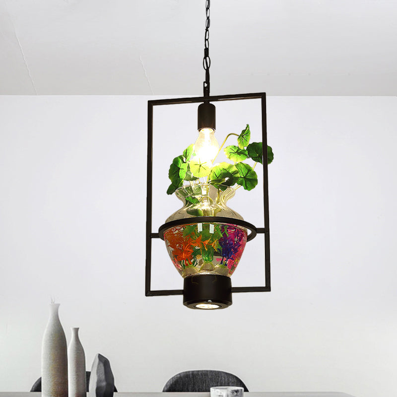 Black Round/Square Frame Hanging Lamp Factory Metallic 1 Head Dining Room Pendant Lighting Fixture with Urn Plant Pot