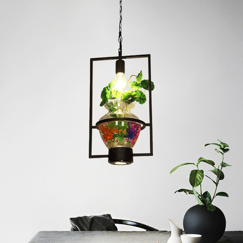 Black Round/Square Frame Hanging Lamp Factory Metallic 1 Head Dining Room Pendant Lighting Fixture with Urn Plant Pot