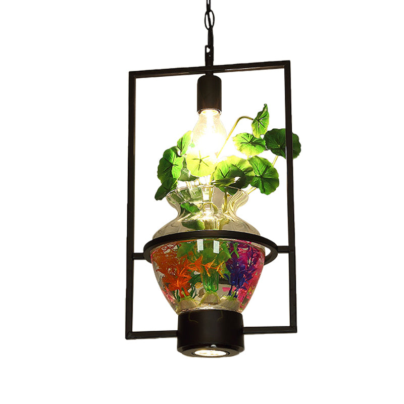 Black Round/Square Frame Hanging Lamp Factory Metallic 1 Head Dining Room Pendant Lighting Fixture with Urn Plant Pot
