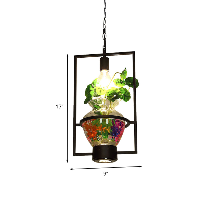 Black Round/Square Frame Hanging Lamp Factory Metallic 1 Head Dining Room Pendant Lighting Fixture with Urn Plant Pot