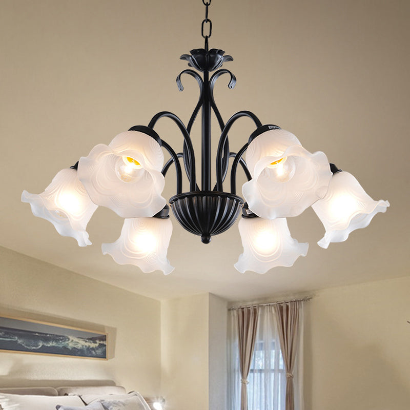 Lampada del lampadario floreale country 5/6/8 teste in vetro glassato lampada a sospensione in nero con braccio attorcigliato