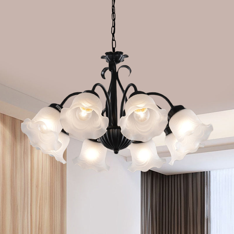Lampada del lampadario floreale country 5/6/8 teste in vetro glassato lampada a sospensione in nero con braccio attorcigliato