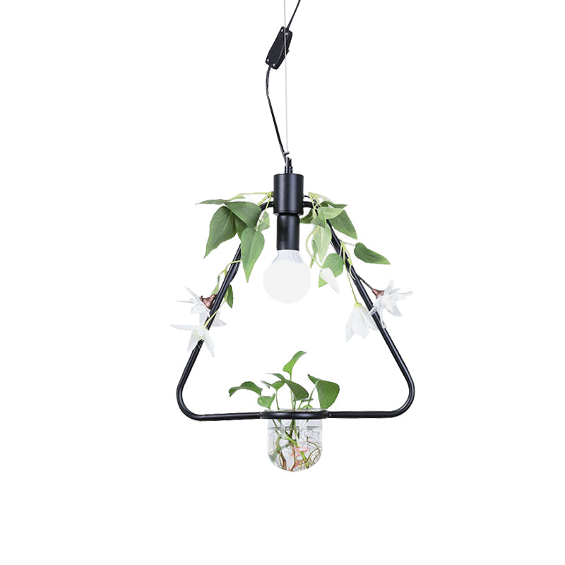 1 leichte Anhängerlampe Bauernhausdreieck/runde/quadratische Rahmen Metall Hanging Deckenlicht in Schwarz/Gold mit Pflanzentopf und falsche Blumenrebe