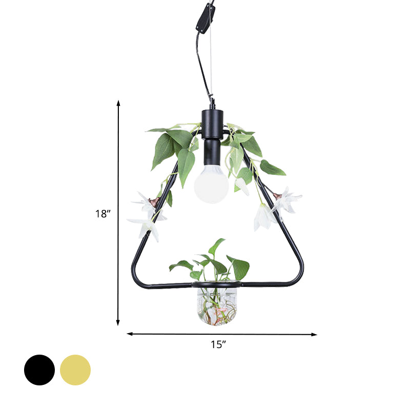 1 leichte Anhängerlampe Bauernhausdreieck/runde/quadratische Rahmen Metall Hanging Deckenlicht in Schwarz/Gold mit Pflanzentopf und falsche Blumenrebe
