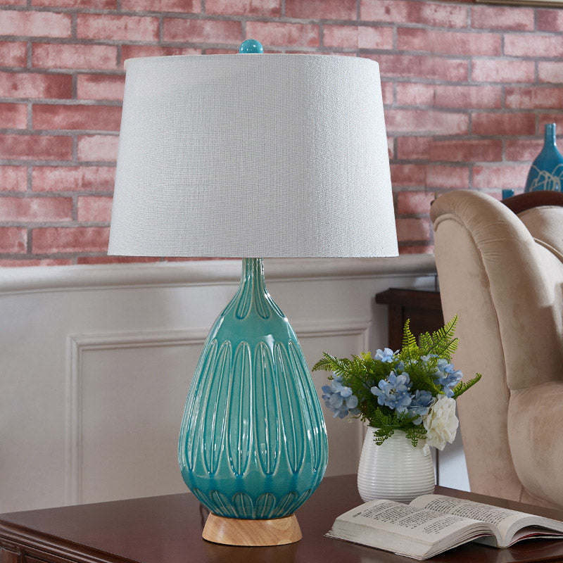 Green 1 Light Table Lamp Countryside Ceramic Teardrop Night Light with Drum Fabric Shade