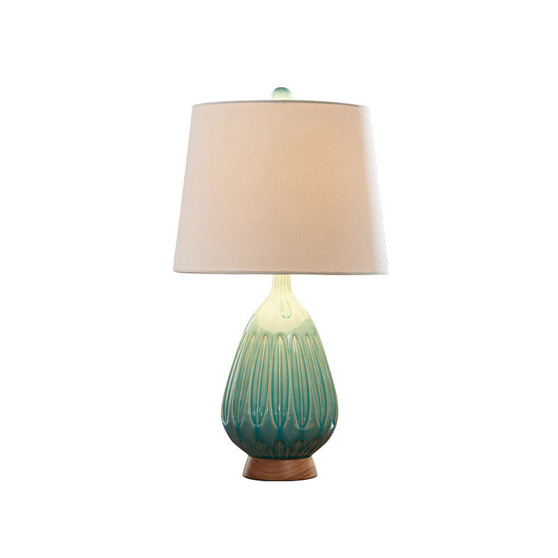 Green 1 Light Table Lamp Countryside Ceramic Teardrop Night Light with Drum Fabric Shade