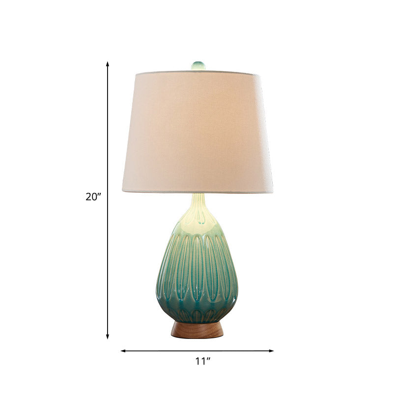 Green 1 Light Table Lamp Countryside Ceramic Teardrop Night Light with Drum Fabric Shade