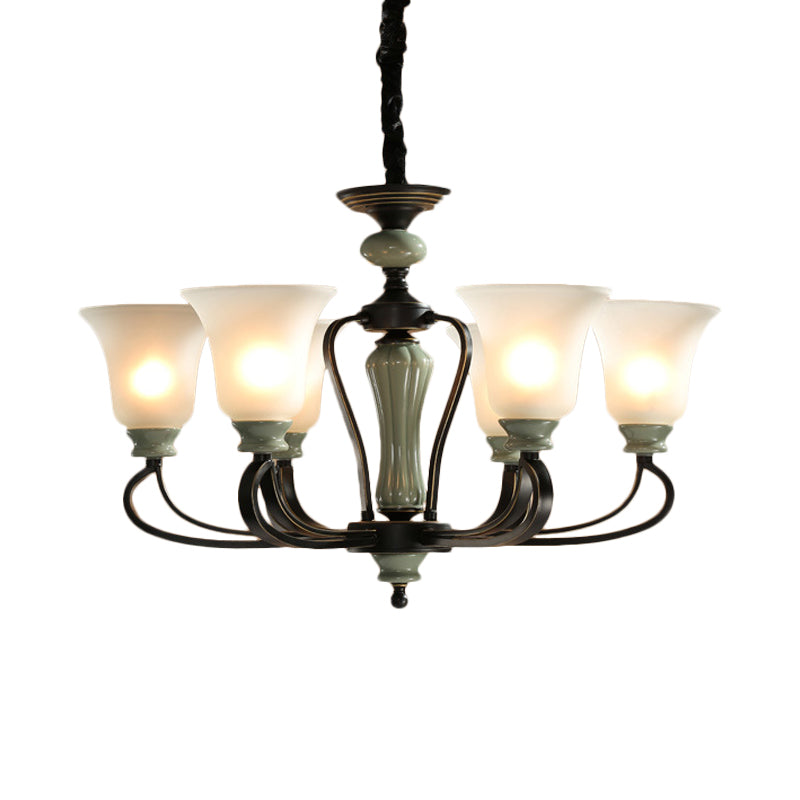 6/8 Heads Frosted Glass Chandelier Traditional Black Finish Bell Living Room Pendant Light Kit with Swirl Arm
