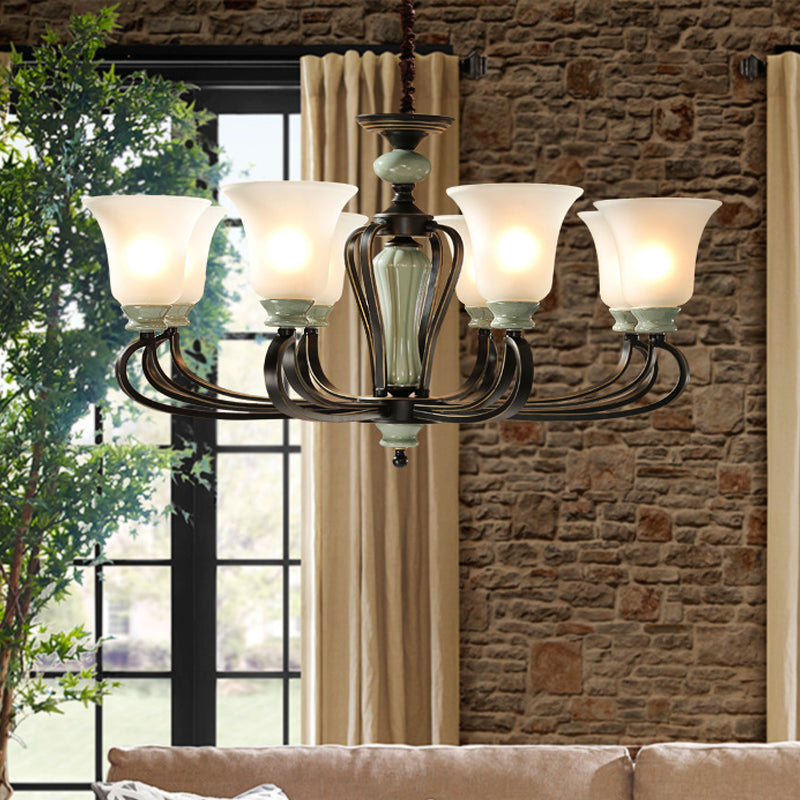 6/8 Heads Frosted Glass Chandelier Traditional Black Finish Bell Living Room Pendant Light Kit with Swirl Arm