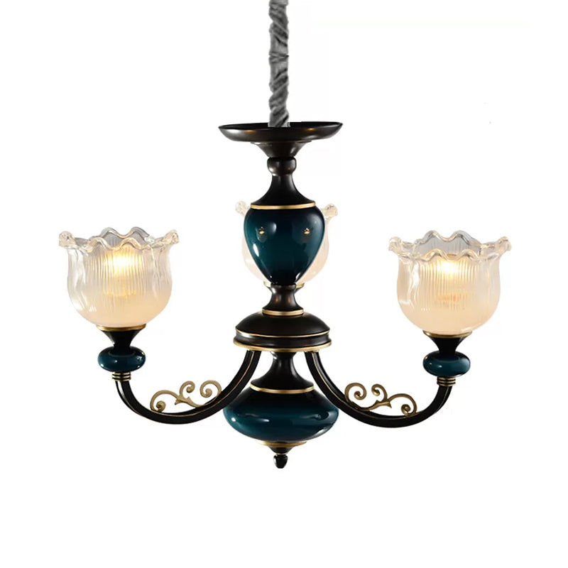 3/6 Bulbs Blossom Hanging Light Kit Classic Black Finish Clear Ribbed Glass Pendant Chandelier