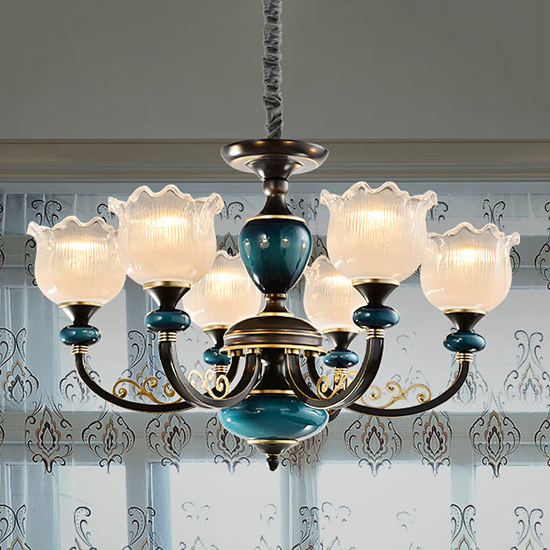 3/6 Bulbs Blossom Hanging Light Kit Classic Black Finish Clear Ribbed Glass Pendant Chandelier
