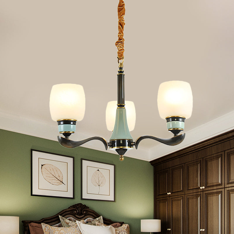 Black Bucket Hanging Chandelier Rural Style White Glass 3 Lights Dining Room Pendant Lighting Fixture