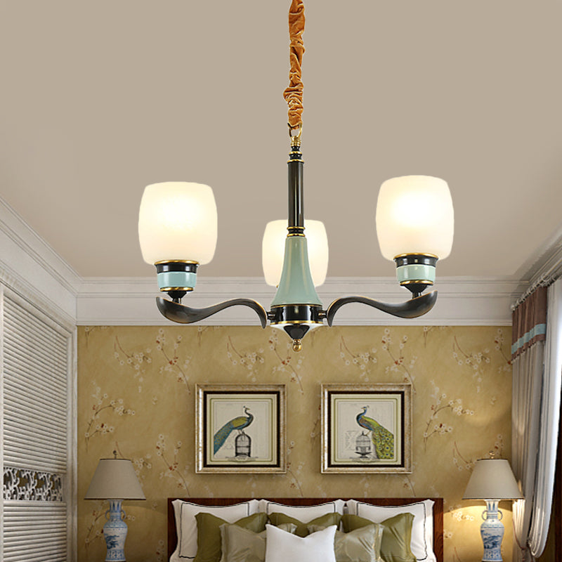 Black Bucket Hanging Chandelier Rural Style White Glass 3 Lights Dining Room Pendant Lighting Fixture