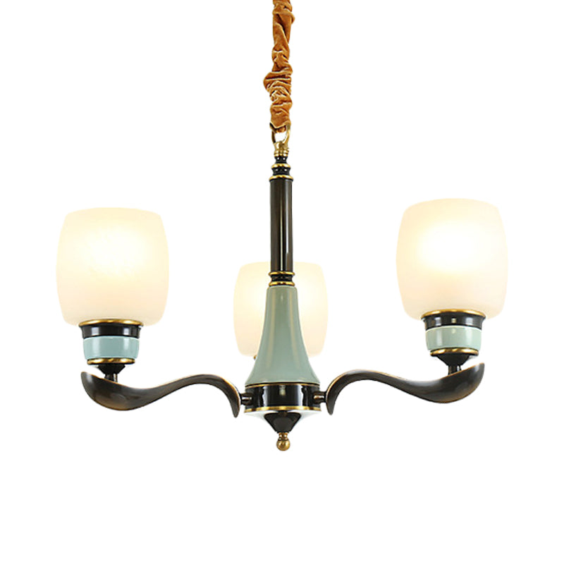 Black Bucket Hanging Chandelier Rural Style White Glass 3 Lights Dining Room Pendant Lighting Fixture