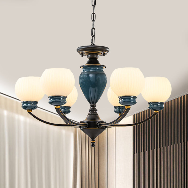 Black 3/6/8 Bulbs Chandelier Lighting Fixture Rural Milky Glass Spherical Hanging Pendant