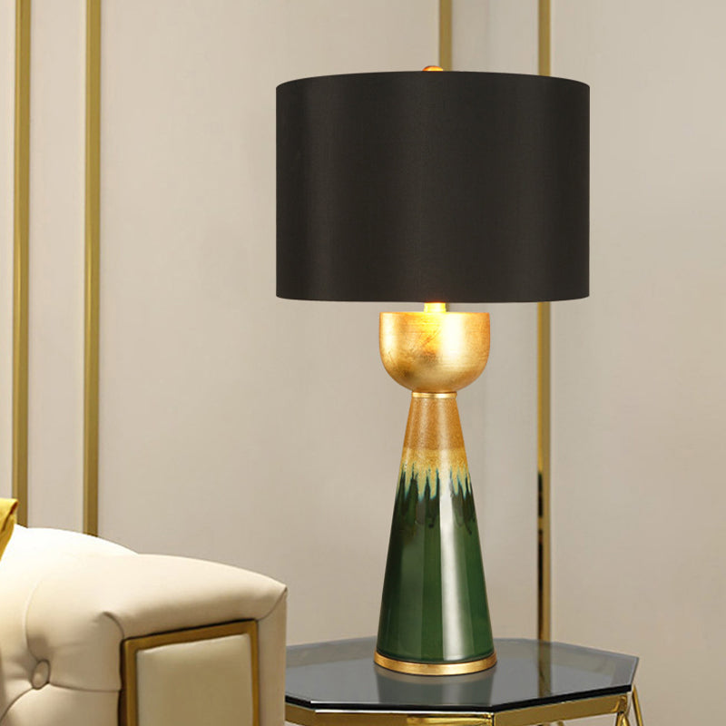 Fabric Black Night Table Light Drum 1-Head Traditional Nightstand Lamp with Urn Base