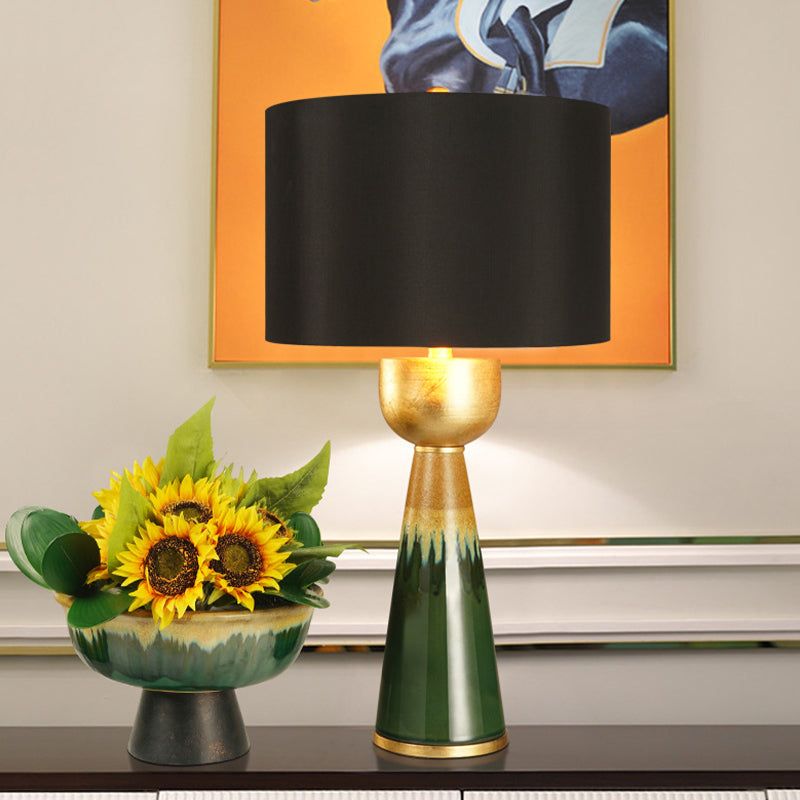 Fabric Black Night Table Light Drum 1-Head Traditional Nightstand Lamp with Urn Base