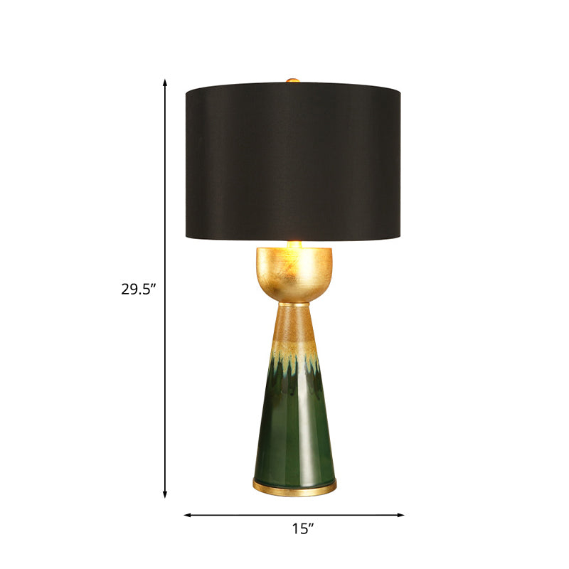 Fabric Black Night Table Light Drum 1-Head Traditional Nightstand Lamp with Urn Base