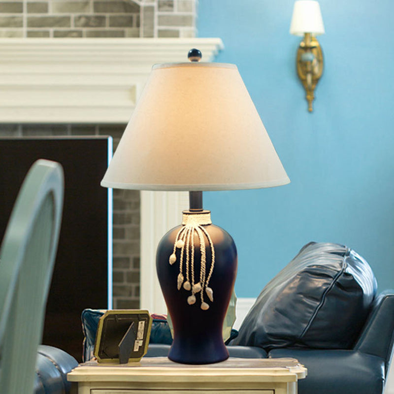 1-Light Fabric Night Lamp Rustic White Conic Bedroom Nightstand Light with Blue Ceramic Bottle Base