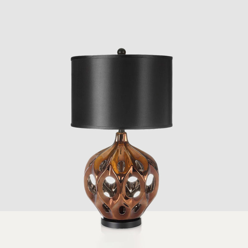 Ceramic Hollowed Out Jar Nightstand Lamp Retro 1-Bulb Bedroom Table Lighting in Gold/Rose Gold with Black Drum Shade
