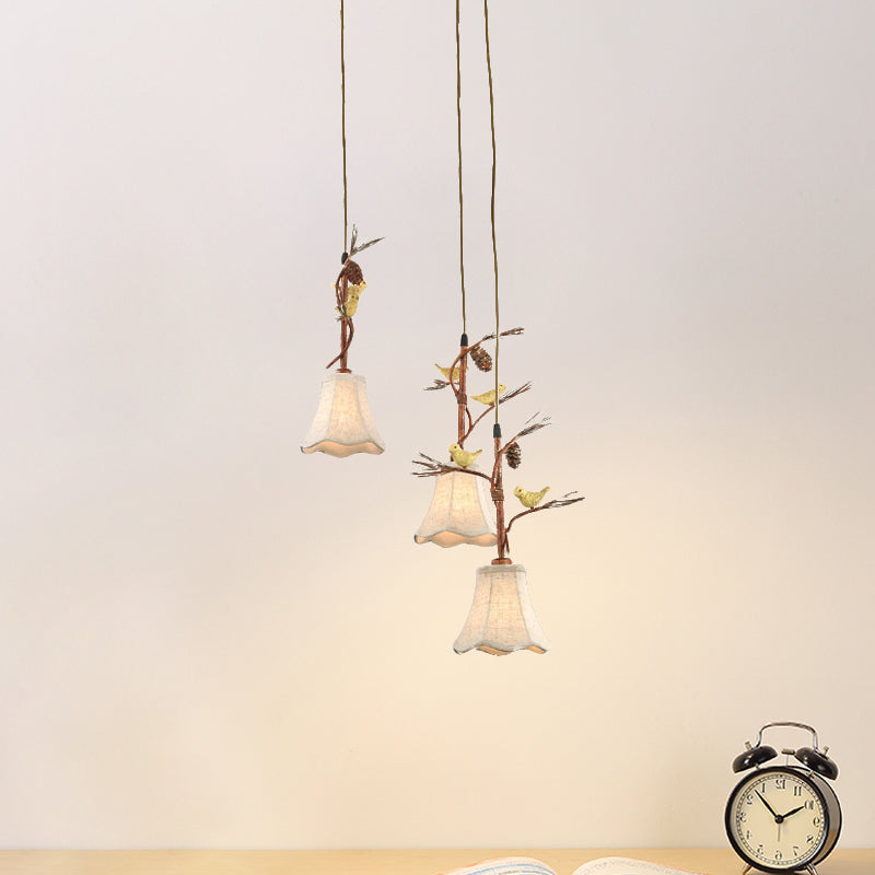 Flaxen 3/5 teste cluster a sospensione Light Country Fabric Sussion Lampada con uccello e Pinecone Deco