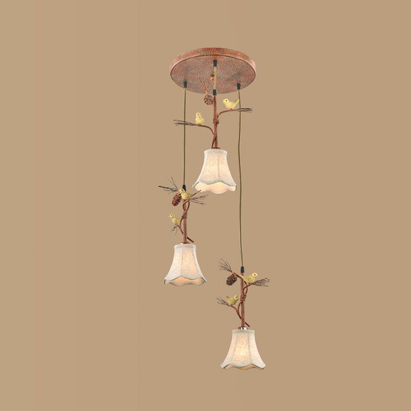 Flaxen 3/5 teste cluster a sospensione Light Country Fabric Sussion Lampada con uccello e Pinecone Deco