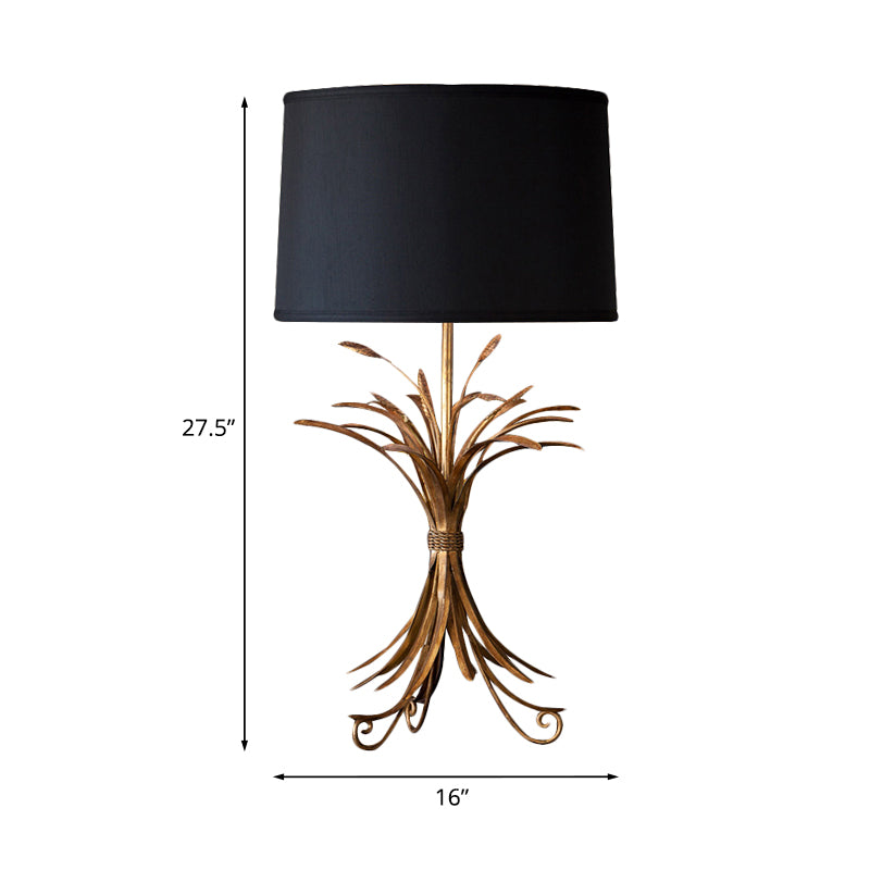 Drum Shade Bedroom Night Table Lighting Rustic Fabric 1-Bulb Black Finish Nightstand Light with Wheat Bunch Base