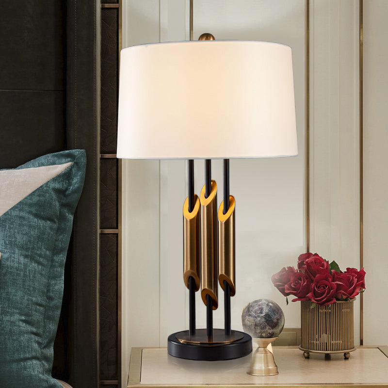 1 Light Table Lamp Rural Style Drum Shade Fabric Nightstand Light in White with Angled Tube Deco
