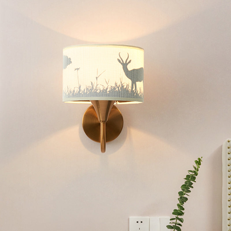 Fabric Drum Wall Mount Lighting Classic 1 Light Bedroom Deer/Leaf Pattern Wall Sconce in Brass with Gooseneck Arm