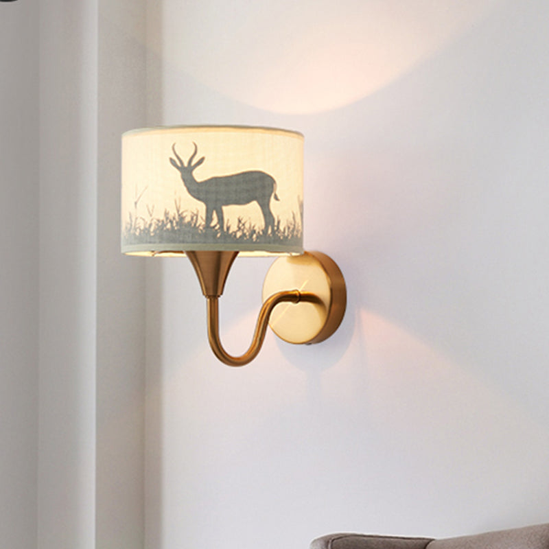 Fabric Drum Wall Mount Lighting Classic 1 Light Bedroom Deer/Leaf Pattern Wall Sconce in Brass with Gooseneck Arm