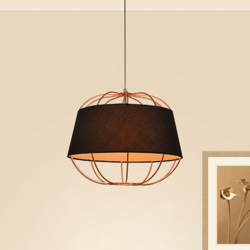 1 Bulb Pendant Light Kit Country Tapered Drum Fabric Hanging Lamp in White/Black with Wire Cage