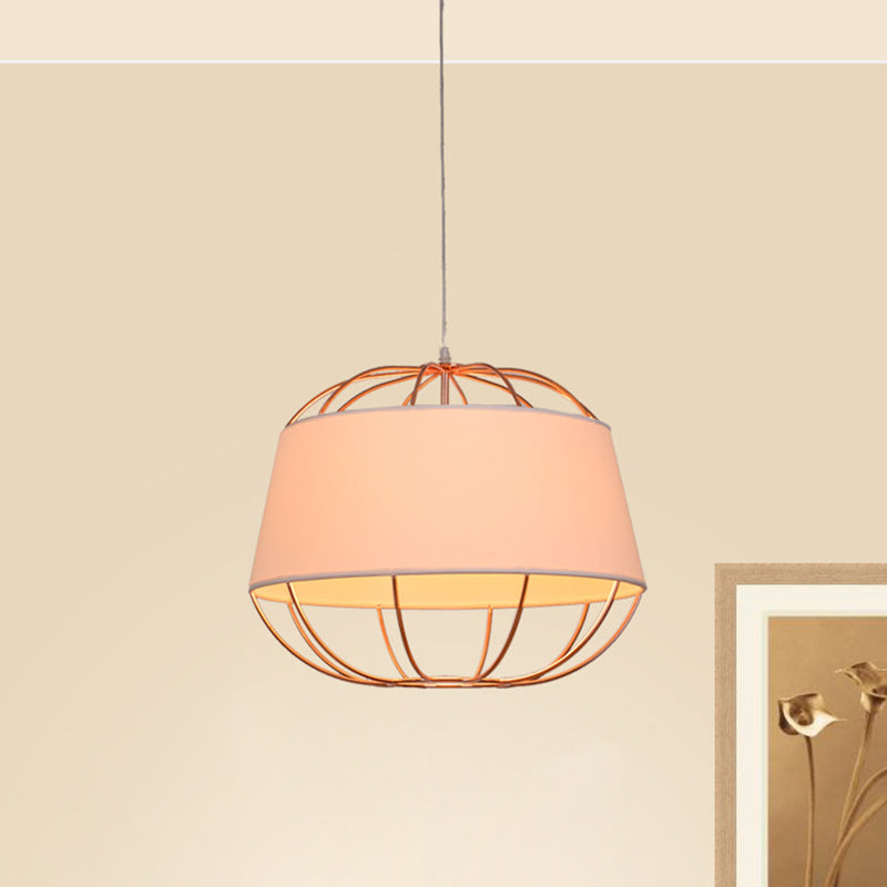 1 Bulb Pendant Light Kit Country Tapered Drum Fabric Hanging Lamp in White/Black with Wire Cage